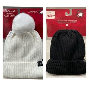 2 Pack CANADA WEATHER GEAR Thermal Plush Lined Winter Hats IVORY & BLACK Pom $40